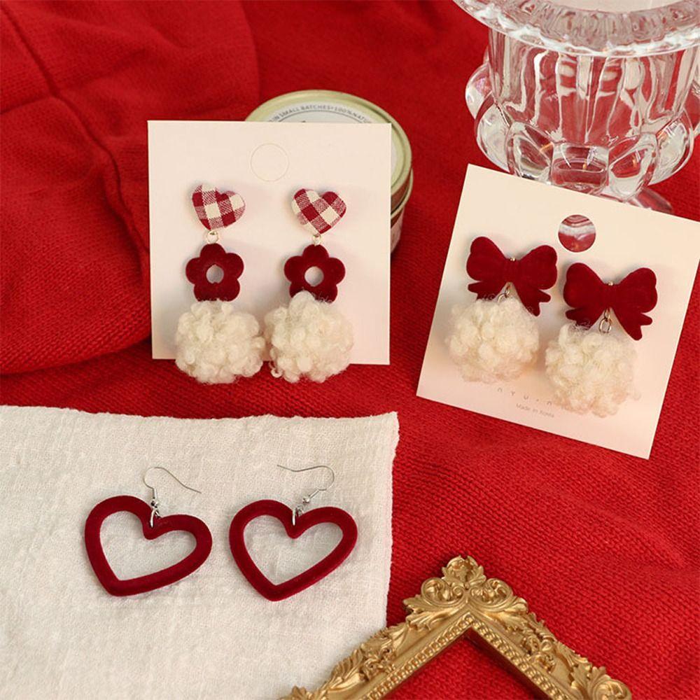 Bowknot Women Fashion Christmas Earrings Jewelry Gifts Heart Stud Earrings Red Velvet Ear Clip