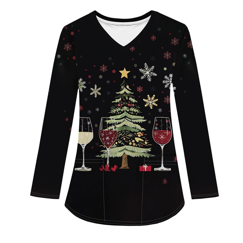 Женская модная рабочая одежда с V-образным вырезом, длинным рукавом и карманом, рождественский принт, футболка, топ