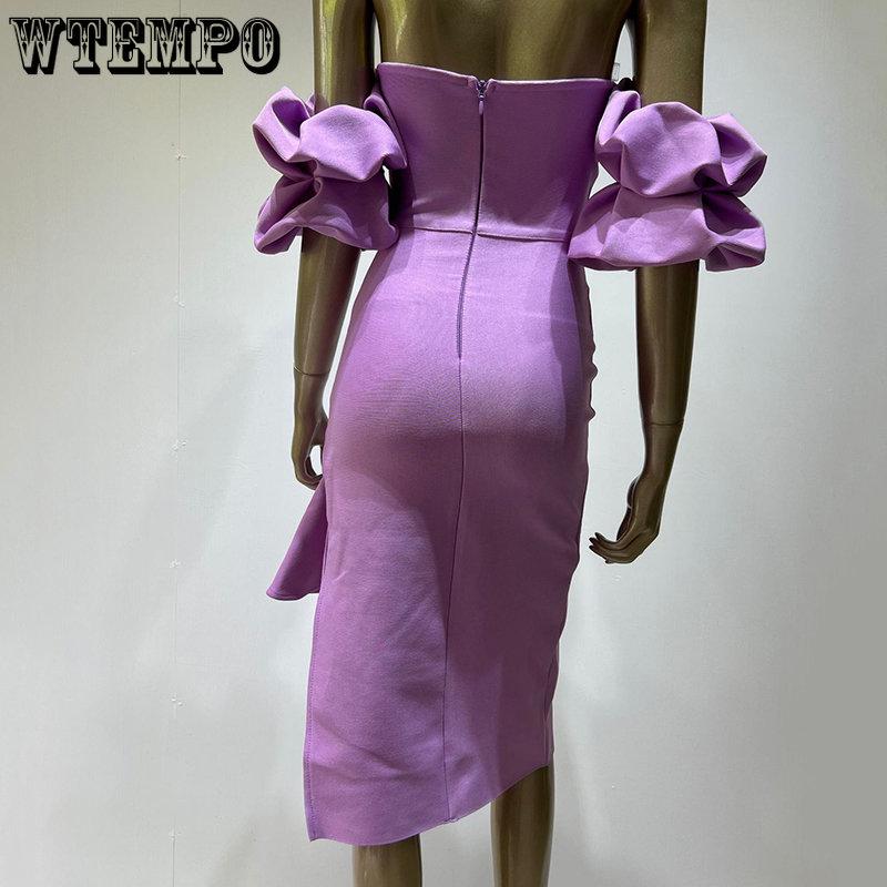 WTEMPO Летнее высокое качество женское длинное платье с открытыми плечами и боковым разрезом облегающее короткое платье с пышными рукавами для вечеринок знаменитостей