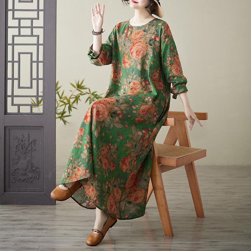 Весеннее литературное платье больших размеров с принтом, круглым вырезом, длинными рукавами, повседневное платье для женщин, вечерние платья