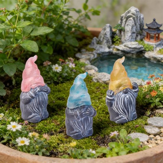3 Pcs Gnome Garden Hear See Speak Stakes Resin Miniature No Evil Gnome