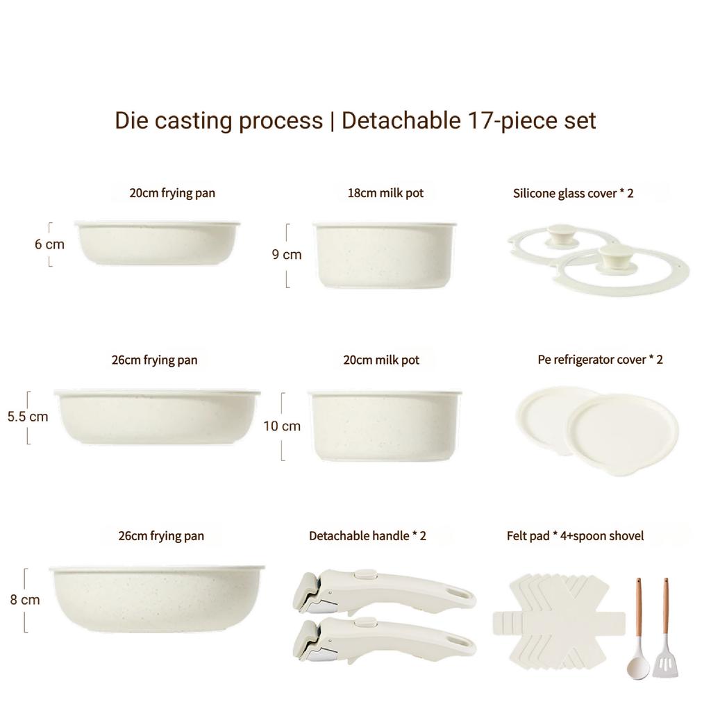 Съемная ручка Набор посуды Гранитное покрытие Антипригарные кастрюли Кастрюля для молока Сковорода Сотейник Компактный кухонный набор Штабелируемое хранение Индукционная плита Кастрюля