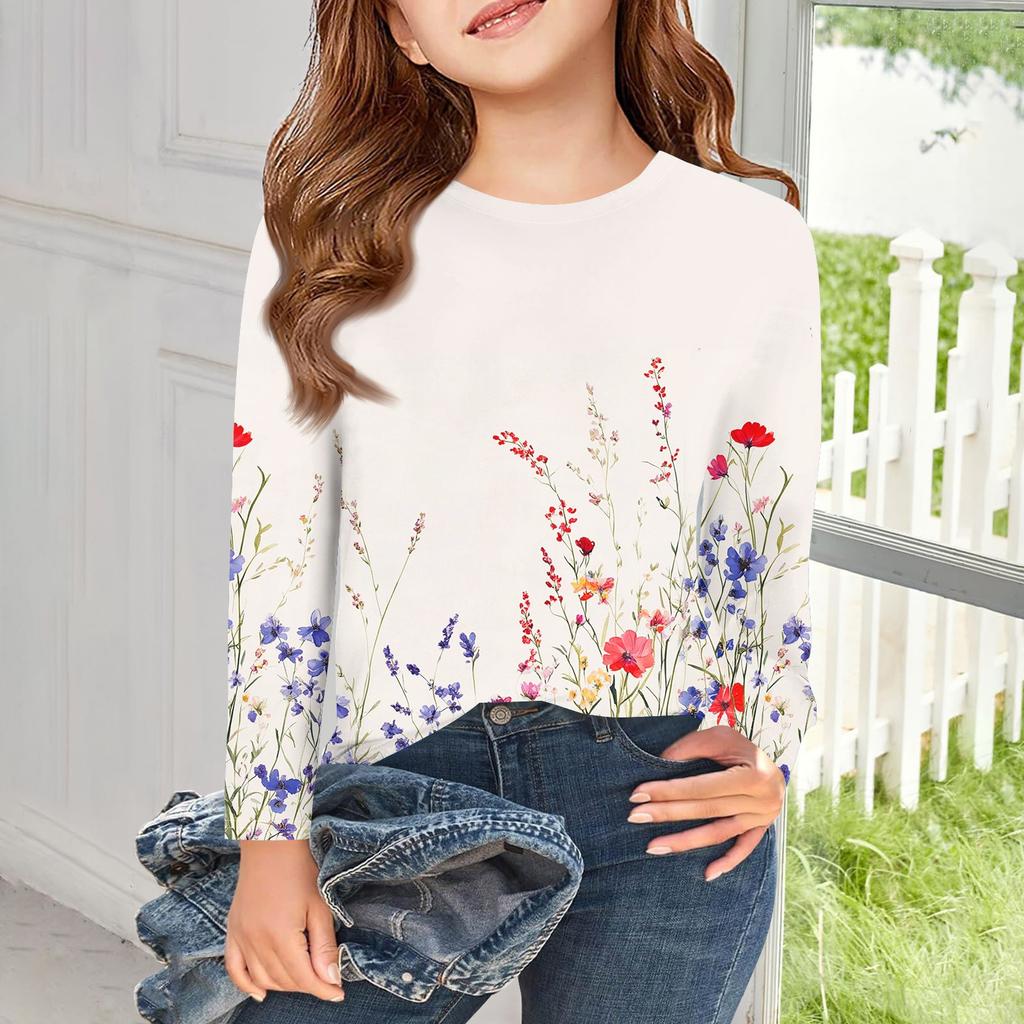 Футболки с длинным рукавом для девочек, детские осенние топы с круглым вырезом и принтом, базовые футболки для детей 5–14 лет