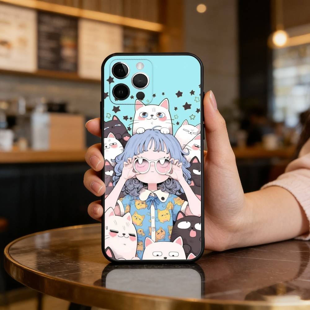 Мультяшный Чехол-Кот A-Art для Телефона iPhone 17,16,15,14,13,12,11 Plus,Pro Max, Мягкий Силиконовый Черный Чехол