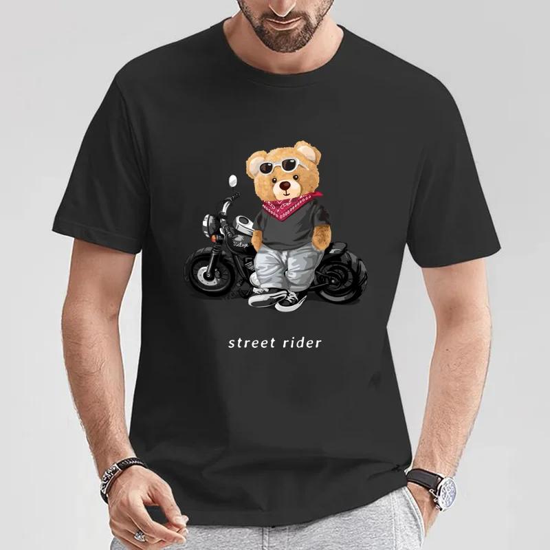 Motorcycle Lovers Street Teddy Knight Print T-Shirt Men's Loose Casual Short Sleeve Summer Clothing in 2024