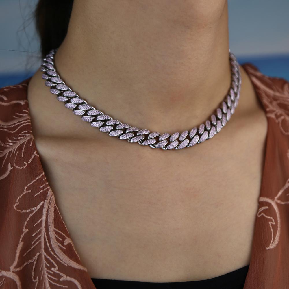 Ice Out Silver Plated Bling Cubic Zirconia 12mm Pink CZ Cuban Link Chain Choker Necklace for Women Wedding Party Gift