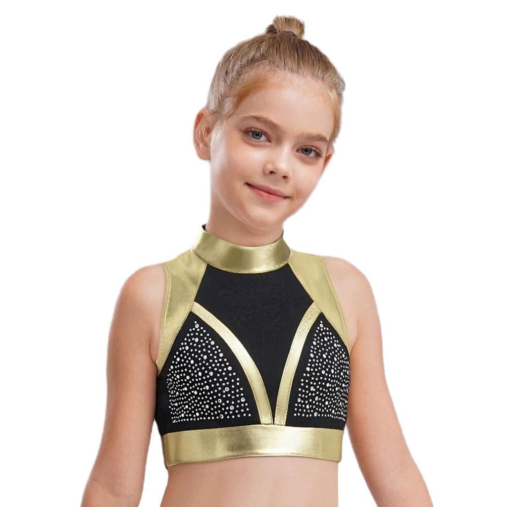 Детская танцевальная одежда Кроп-топ с воротником-стойкой Без рукавов Вырез на спине Блестящие стразы Металлик