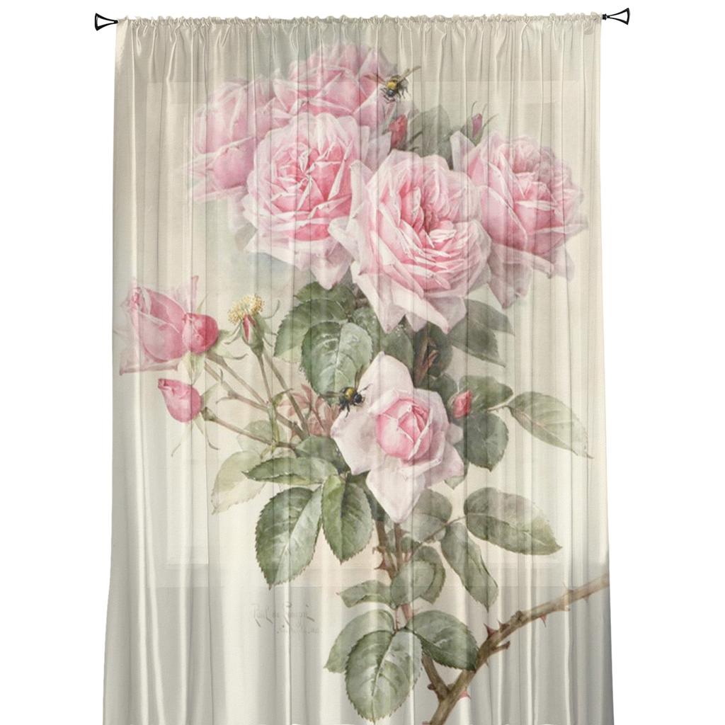 Pink Rose Vintage Tulle Window Curtain For Living Room Modern Sheer Curtain For Bedroom Kitchen Drapes Custom