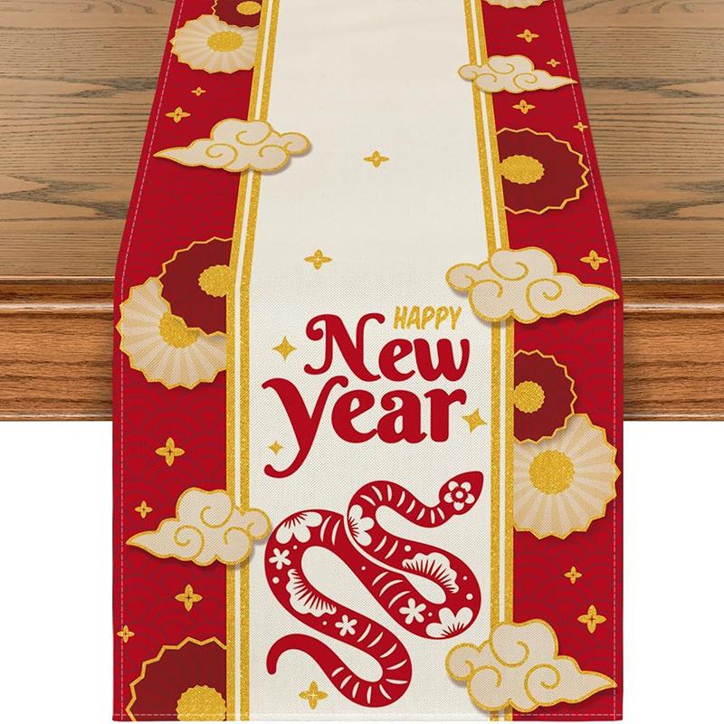 2025 Snake Year Table Runner Floral Snake Pattern Festival Party Decor Tablecloth Chinese Traditional New Year Table Covers
