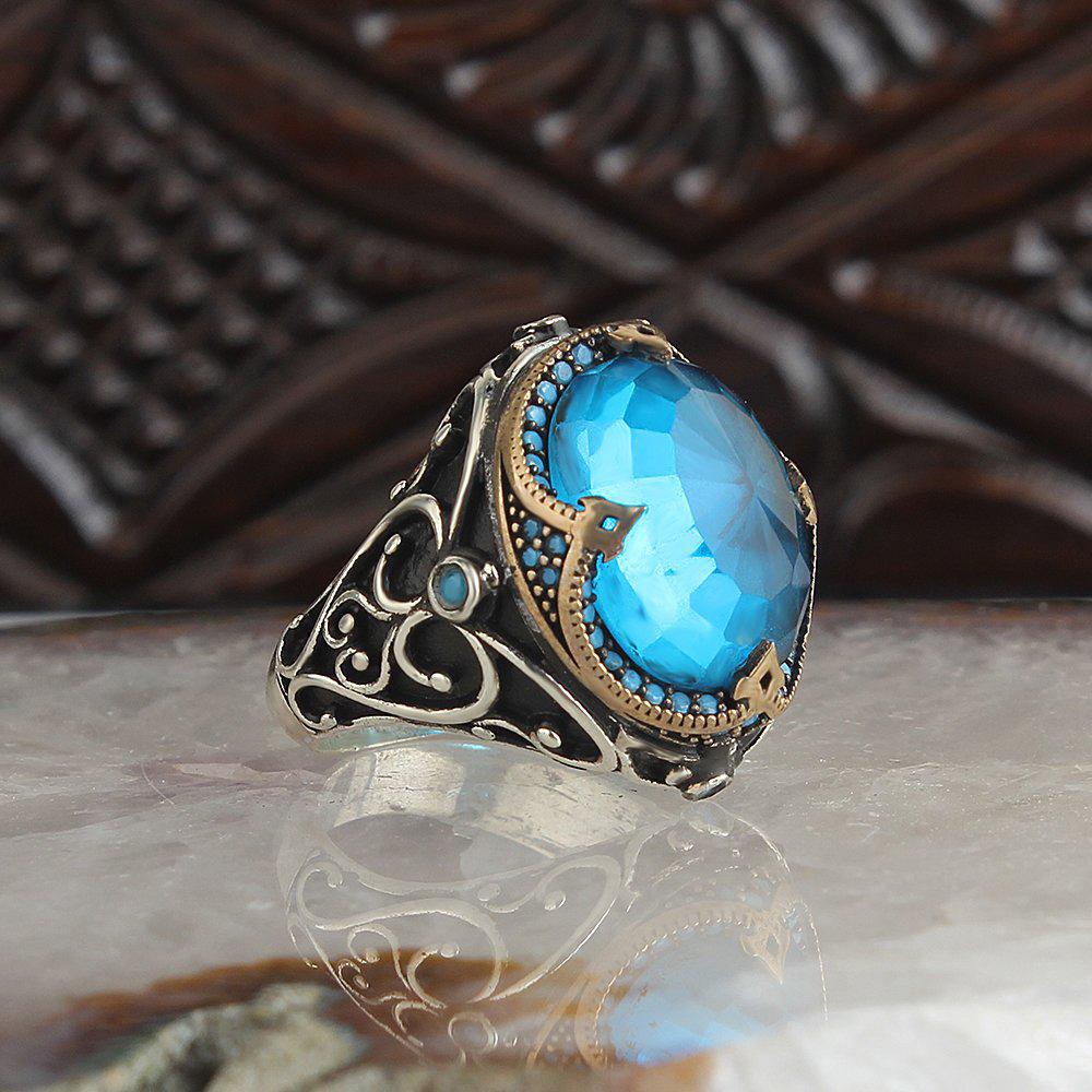 Kristal Kesim Blue Topaz Taşlı 925 Sterling Silver Man Ring