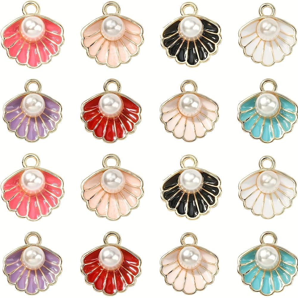 10/20/30pcs Alloy Material 8-color Clam Shell Pendant with Plastic Decorative Beads, Used for Necklace and Jewelry Making