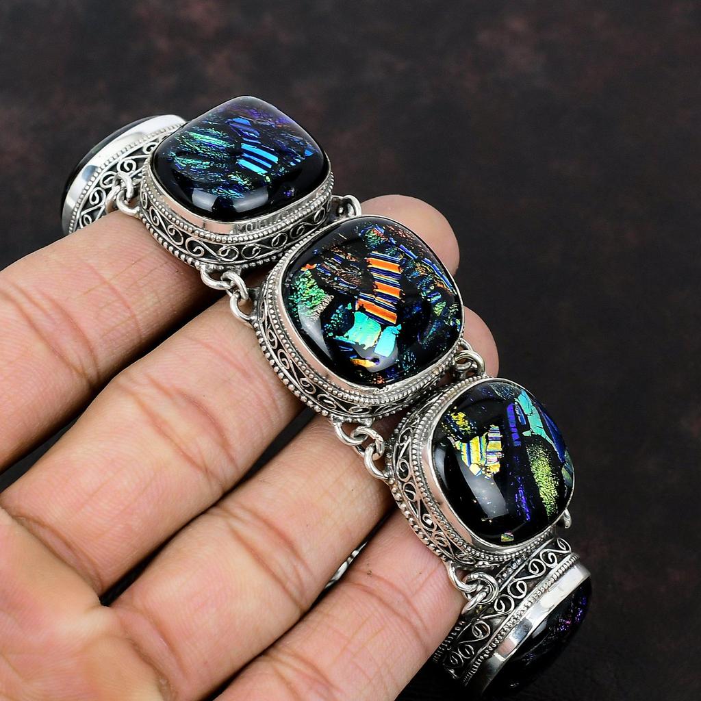 Браслет из американского дихроичного стекла, браслет из стерлингового серебра 925 пробы, регулируемый браслет-цепочка ручной работы, браслет из драгоценных камней, винтажные ювелирные изделия для подарка