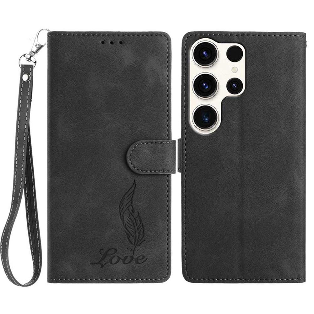 For Samsung Galaxy S25 Ultra Case Imprinted Feather PU Leather Wallet Phone Cover with Wrist Strap
