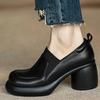 New Women High Heels Black Leather Slip-on Autumn Pumps Designer Fashion Footwear Women's Retro Platform Block Heels Mary Jane