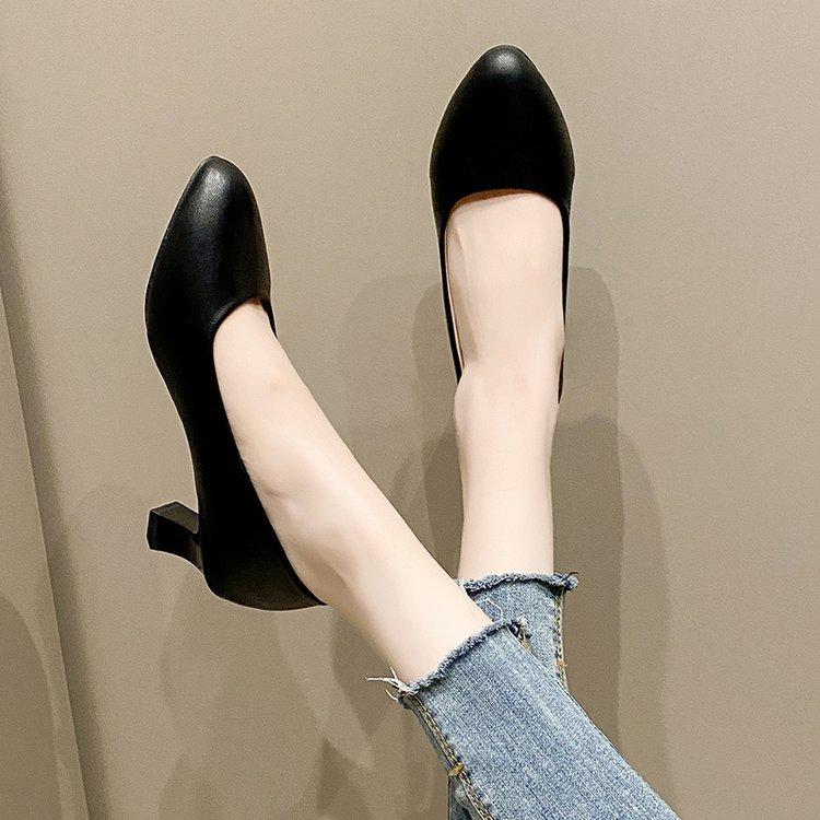 High Heels Women's Single Shoes 2025 Autumn New Work Shoes Medium Heel Basic Large Size 41-43 Thick Heel Pointed Head