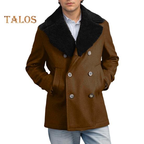 Мужское шерстяное пальто с лацканами, длинный рукав, двубортная куртка, пальто с плюшевыми краями, однотонные карманы, зимнее пальто