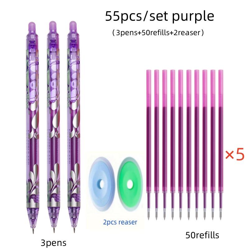 55pcs/set Gel Pen Press Type 0.5mm Erasable Gel Pen Set 6 Colors Washable Handle Magic Refills Rod Super Capacity Ink Writing Stationery