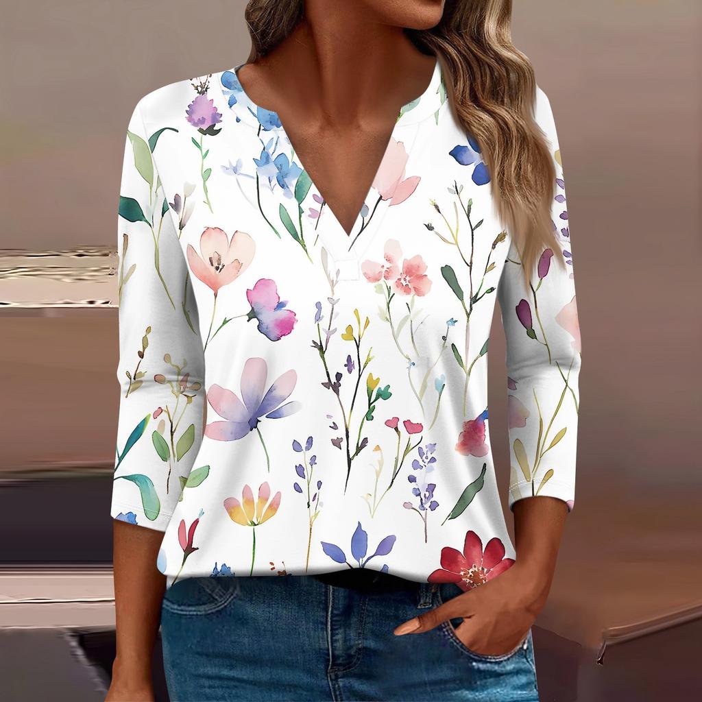 Женская футболка Футболка с принтом Рукав 3/4 Повседневные Выходные Мода Базовый V-образный вырез Обычный топ