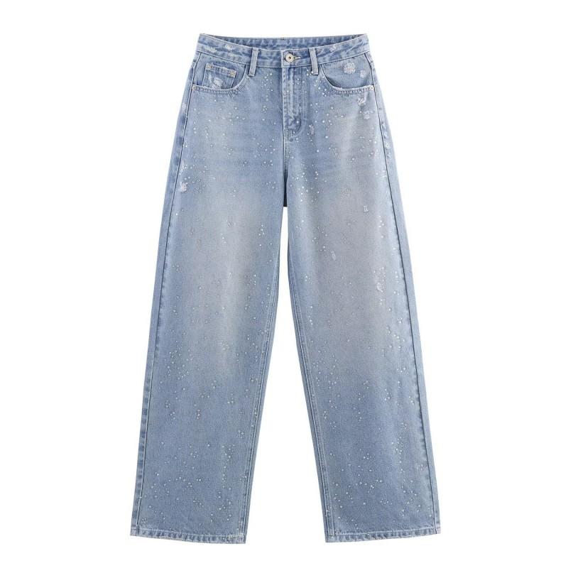 Womens Denim Jacket Pants Set With Rhinestone Embellishment Short Cropped Jean Straight Leg Jeans 2025 Fall