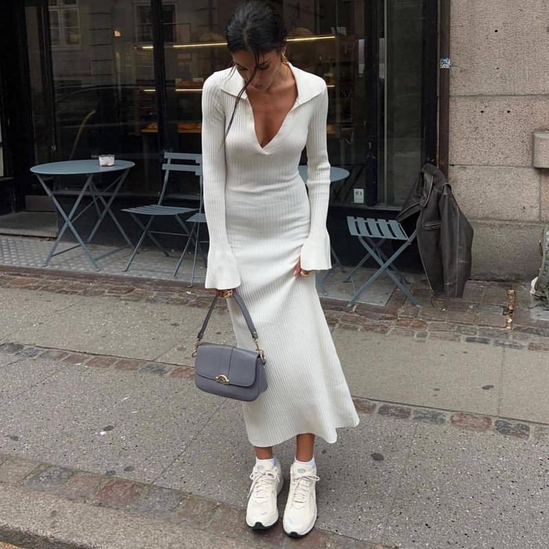 Белое трикотажное платье с высокой талией, модное женское платье с лацканами в рубчик, осень 2023, тонкое элегантное длинное платье, повседневное вязаное однотонное праздничное платье