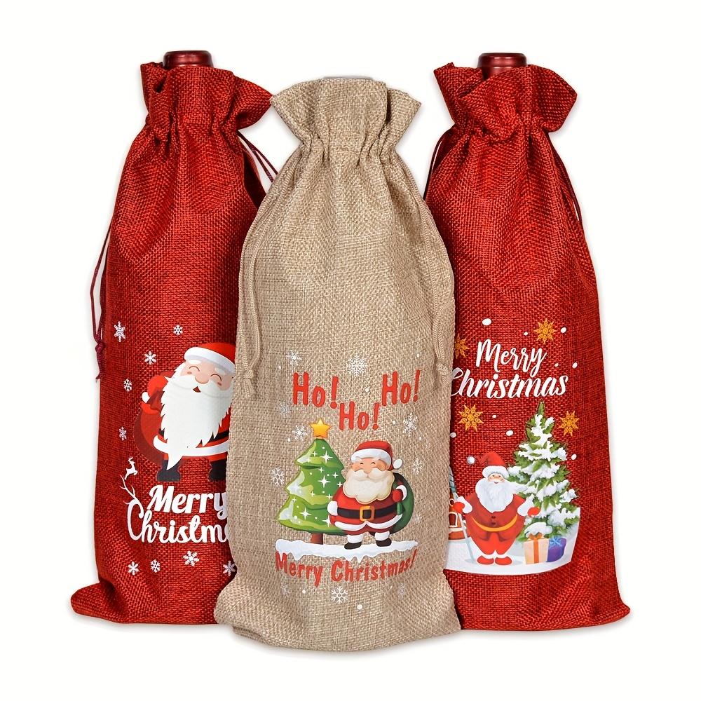 Festive Christmas Wine Bottle Gift Bags - Red & Khaki Burlap Tote Bags with Santa Claus, Christmas and Holiday Greetings Holiday