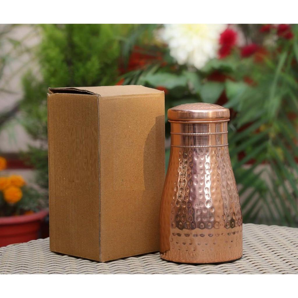 Hammered Copper Water Bottle Jar - 1L | With Inbuit Glass In Lid | Antique Hammered Design