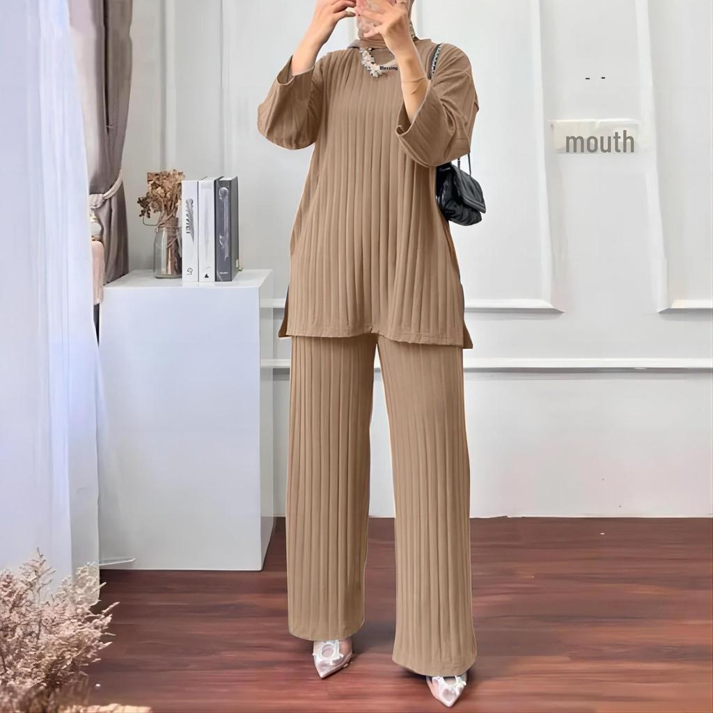 2023 Autumn/Winter Women's Long-Sleeve Top & Wide-Leg Pants Solid Color 2-Piece Casual Sportswear Set