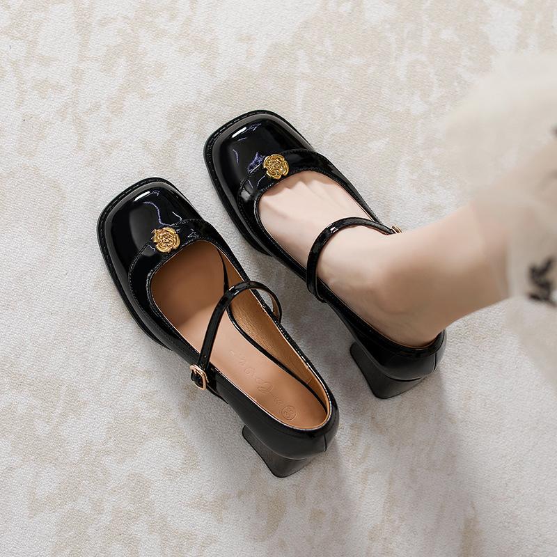 Leather flat for Huizhou women's shoes Su Yinyin same Mary Jane shoes high heel French new single shoes thick heel