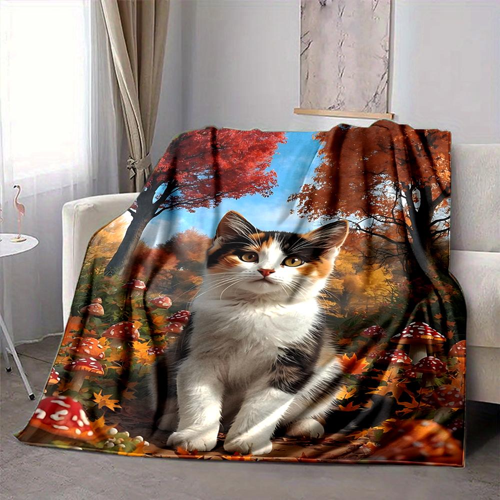 1Pc Autumnal Cat Forest Flannel Blanket, Soft And Comfortable, Casual Warm, Camping Travel, Christmas, Halloween Xmas Gift. G15
