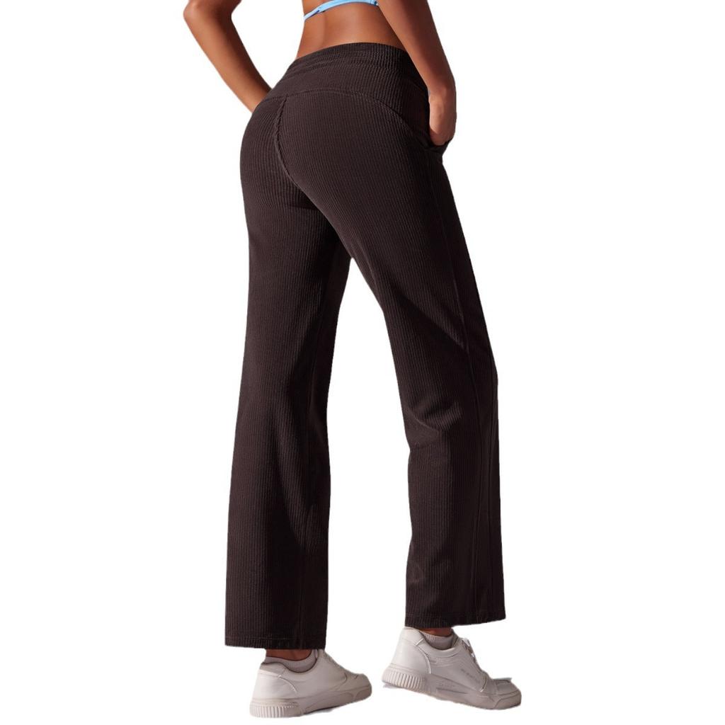 New Solid Color Corduroy Threaded Casual Pocket Straight Pants High Waist Drape Sports Running Yoga Nine-point Pants Women