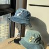 High-quality cartoon bear washed denim fisherman hat for women, spring and summer, large brim, makes the face look smaller, sun-shading bucket hat,