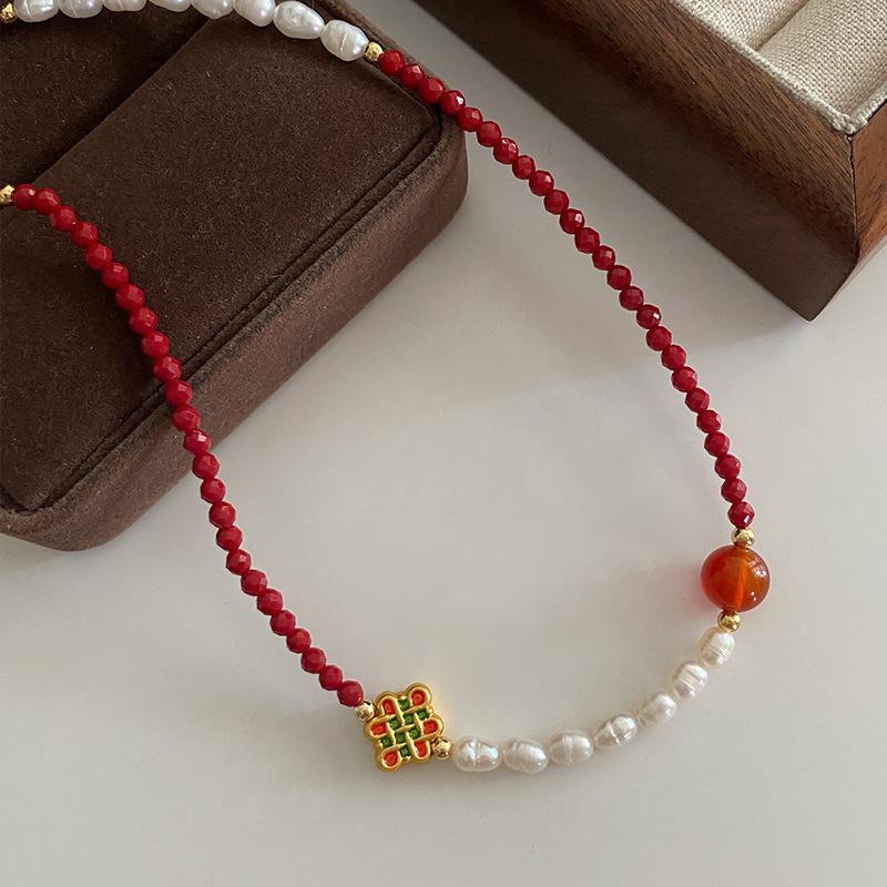 New Chinese Agate Beaded Necklace, Millet Bead Collarbone Chain, Guochao Retro Freshwater Pearl Sweater Chain, High-End Women