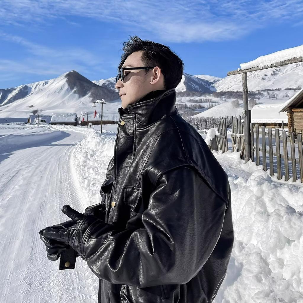 Autumn Winter Waterproof Windproof Oversized Thickened Warm Black Faux Leather Jacket Men Zip Up Casual Cool Fashion