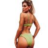 Women Triangle Oversize Split Bikini Set Suit Tie Side G-String Thong Swimsuit Suspenders Green Solid Color