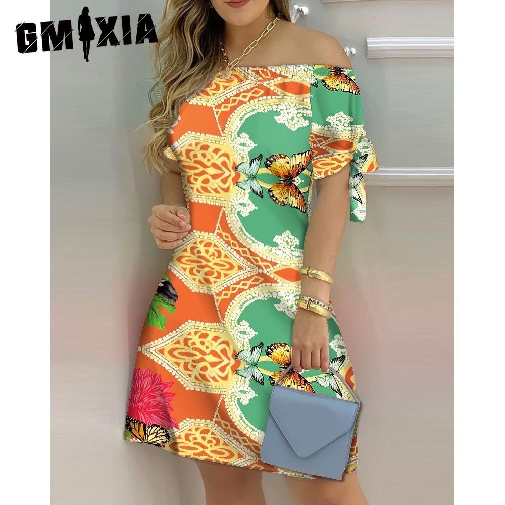 GMXIA Женское модное платье с открытыми плечами, короткие рукава, принт с бантом, летние пляжные платья больших размеров