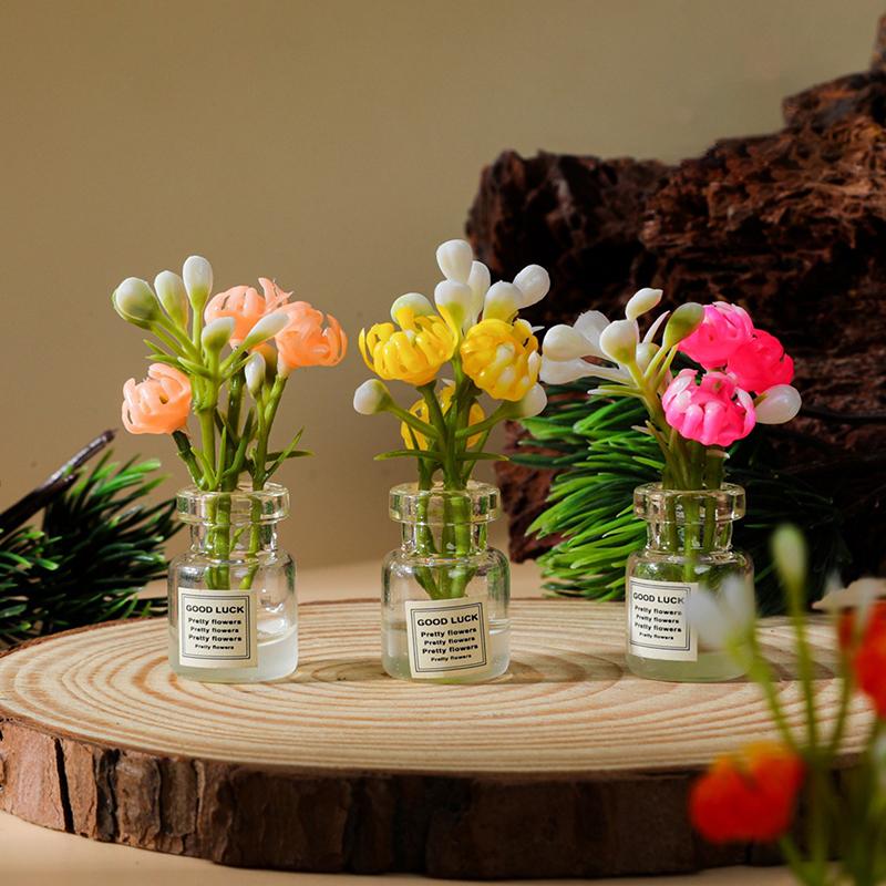 2pcs Mini Flower Vase Dollhouse Accessories Simulation Pink Rose White Jasmine Mini Floral Arrangement Miniature Model