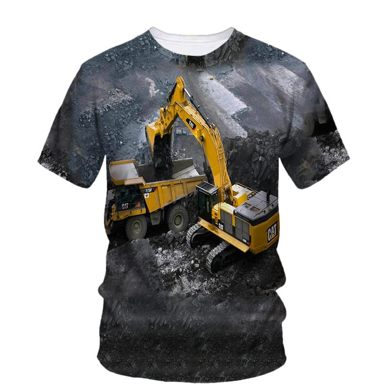 3D All Over Print Short Sleeve T-Shirt, Engineering Loader Lumber Scene Graphic Round Neck Casual Lightweight Top