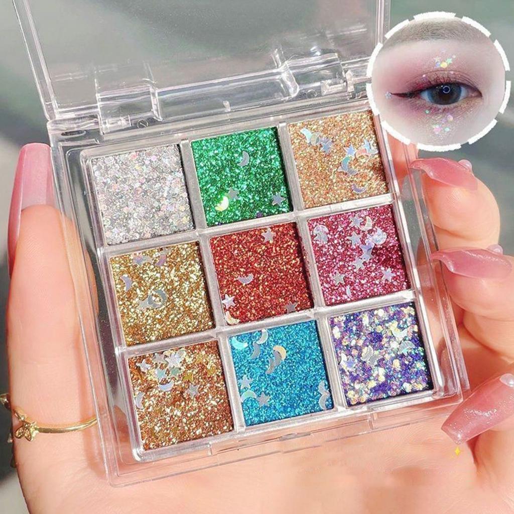 9-цветный гель, Цветные блестки, 9-цветные тени для век без клея, Сценический макияж для выступлений, Крупные блестки, Суперсияющие.