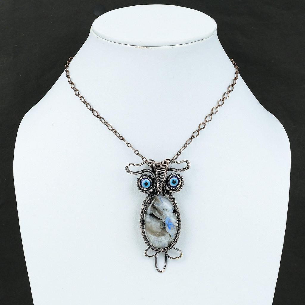 Подвеска с радужным лунным камнем, медная проволока, обернутая драгоценным камнем, подвеска ручной работы, синяя подвеска от сглаза, медная подвеска в виде совы, подарок для нее