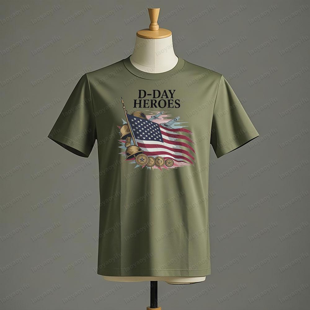 D Day Heroes T Shirt American Flag WW2 Tshirt Military Apparel Veteran Remembrance Day T Shirt Men Crewneck Cotton Short Sleeve
