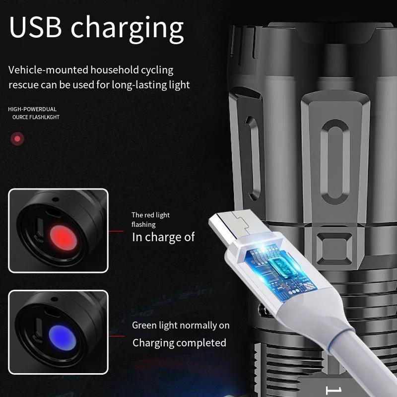 Мощный светодиодный фонарик Водонепроницаемые светодиодные фонарики USB Перезаряжаемый фонарь-лампа для кемпинга, походов, наружного освещения
