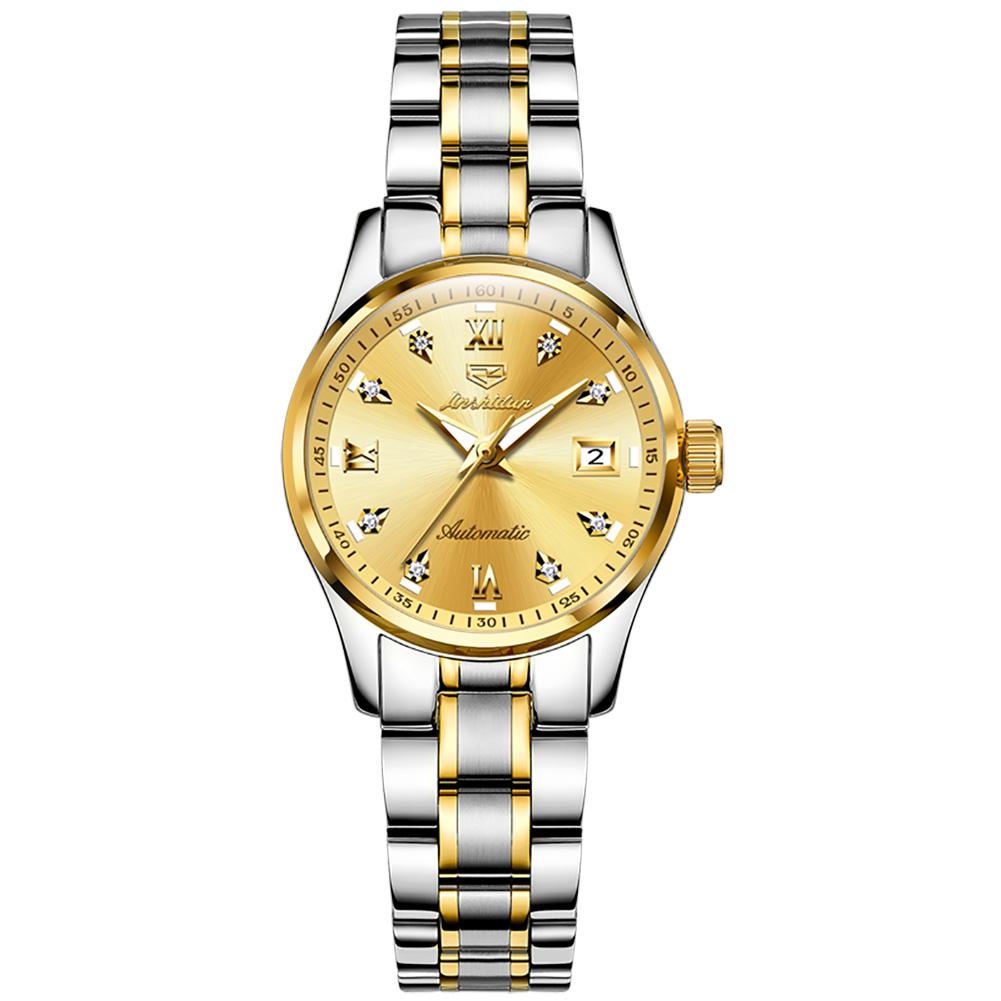 JINSHIDUN Brand Watch Heart Steel Automatic Mechanical Single Calendar Luminous Waterproof Women's Watch Women's Watch