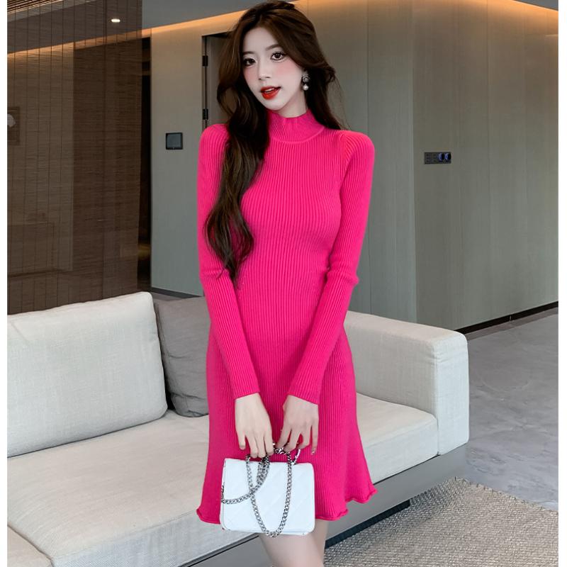 Осенне-зимнее облегающее трикотажное женское платье с длинным рукавом, А-силуэт, оборки, свитер, платья для женщин, повседневное, с высокой талией, элегантное, короткое платье 25958