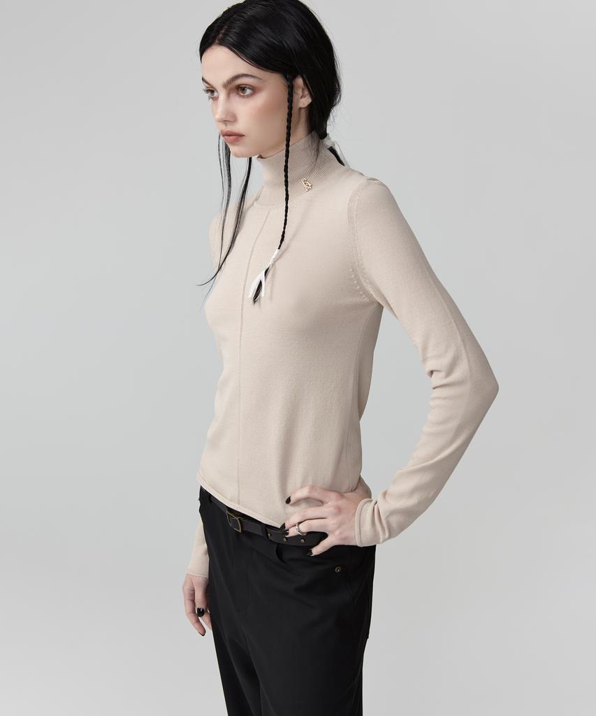 EAN JO Viscose Turtleneck Sheer Knit Top (Sand Beige)