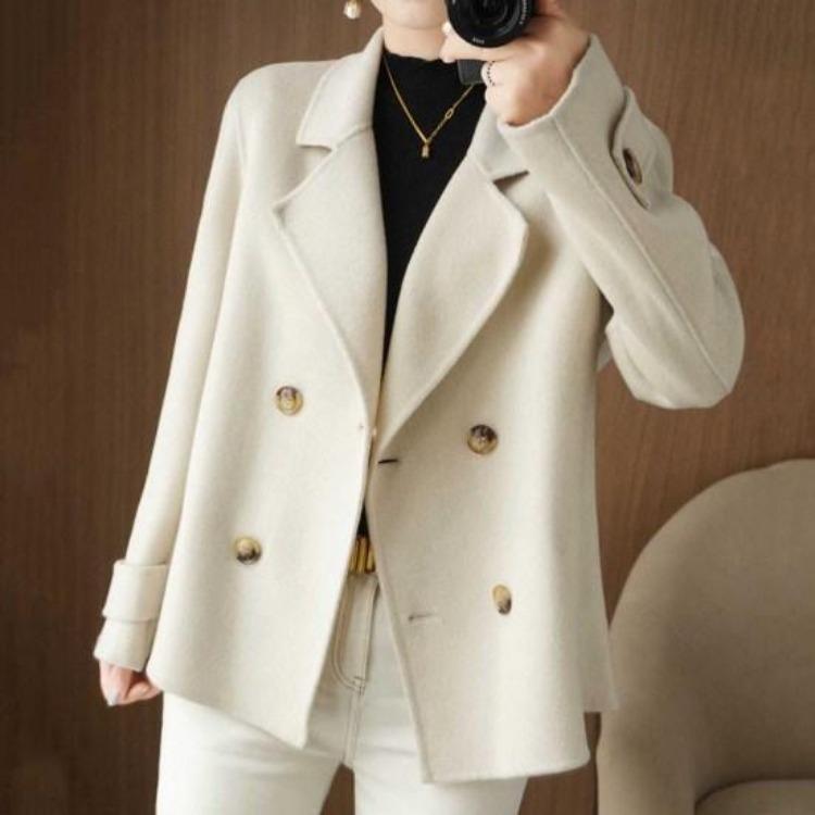 Women Double Breasted Woolen Loose Jacket Short Coat Lapel Solid Color Long Sleeve Thermal Commuting Dating