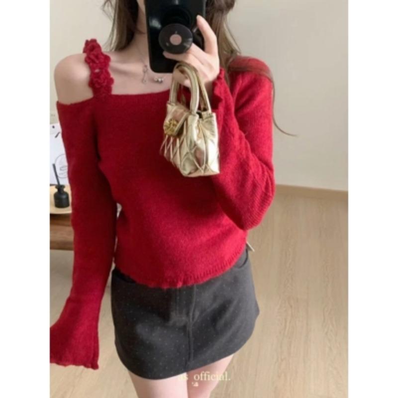 Ретро-свитера с открытыми плечами, свитера для женщин, осенние вязаные свитера с длинным рукавом, женские топы, элегантный шикарный цветочный слинг, винтажный зимний трикотаж 26052