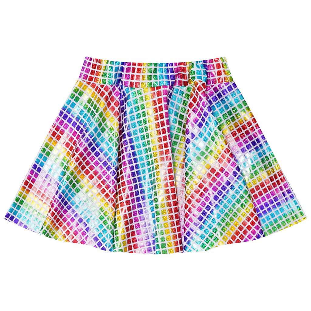 Girls Skirt Elastic Waistband Ruffled Shiny Plaid Sequins Clubwear Mini Skirts for Cheerleading Music Festival Rave Costume