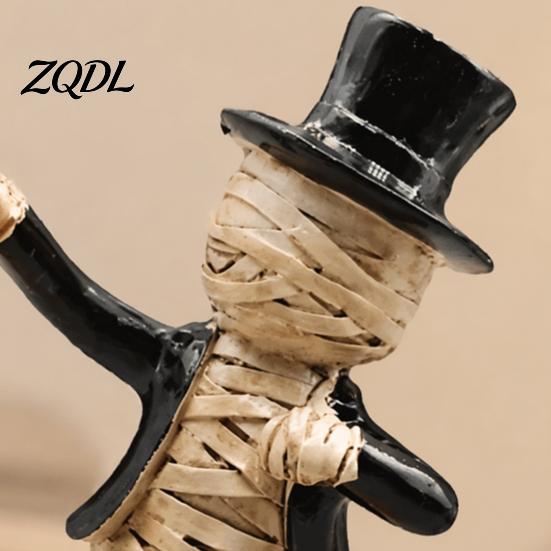 Small Halloween Window Display Dancing Mummy Figurines with Pumpkin Base, Funny Gentleman Top Ornament Hat Statue, Spooky Tabletop Decor for