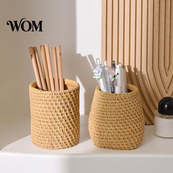 Pencil Organizer Faux Rattan Pen Holder, Woven Style Makeup Brush Boho Holder Desktop Organizer, Multi-functional Resin Cup for Home Office