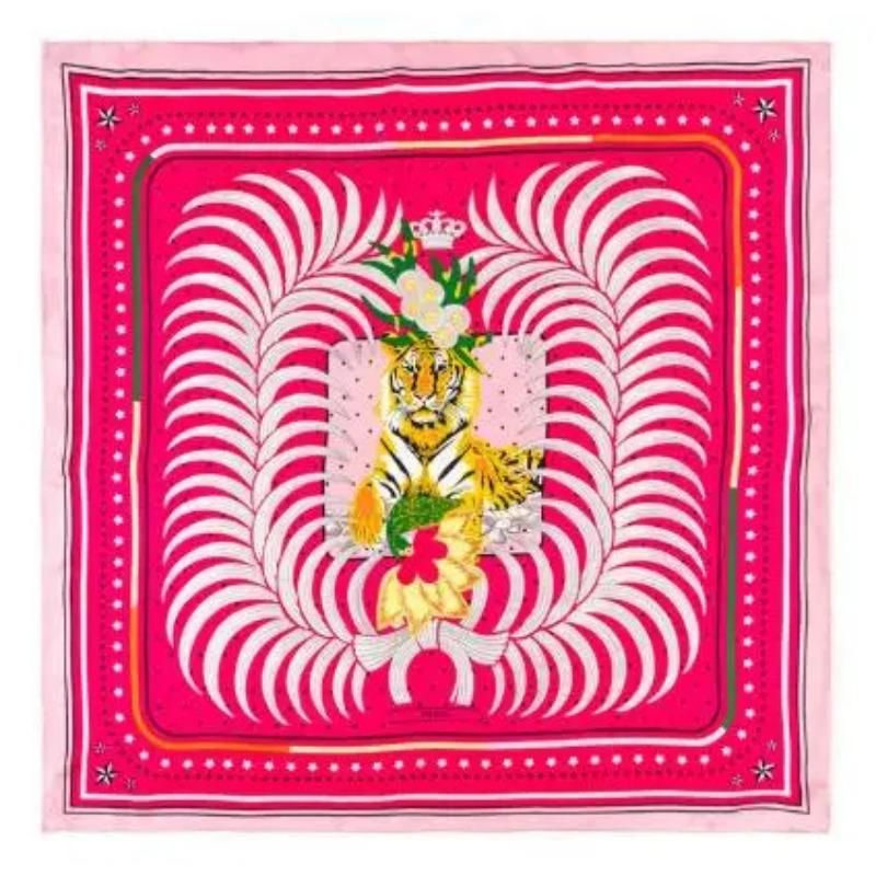 90cm Manual Hand Rolled Twill Silk Scarf Women Lovely Forest Tiger Square Scarves Echarpes Foulards Femme Wrap Bandana Hijab